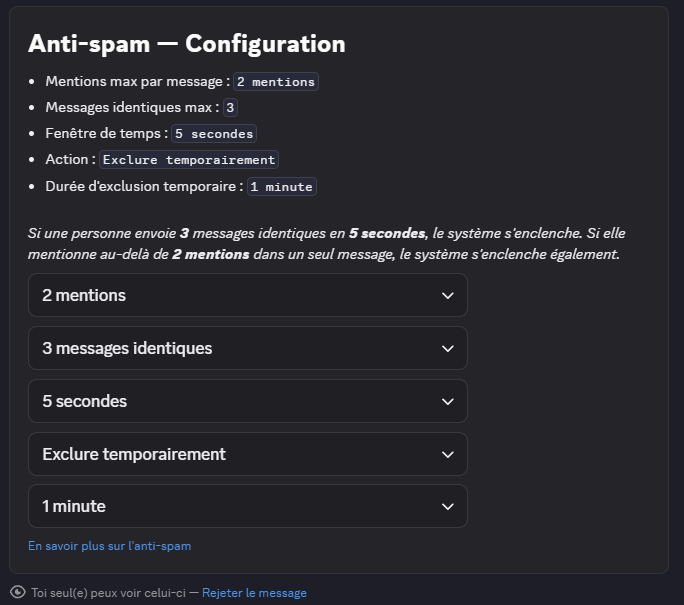 Interface de configuration des seuils et de l'action anti-spam